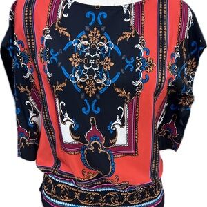 Ellen Tracy Red and Blue Patterned Blouse circa 2010